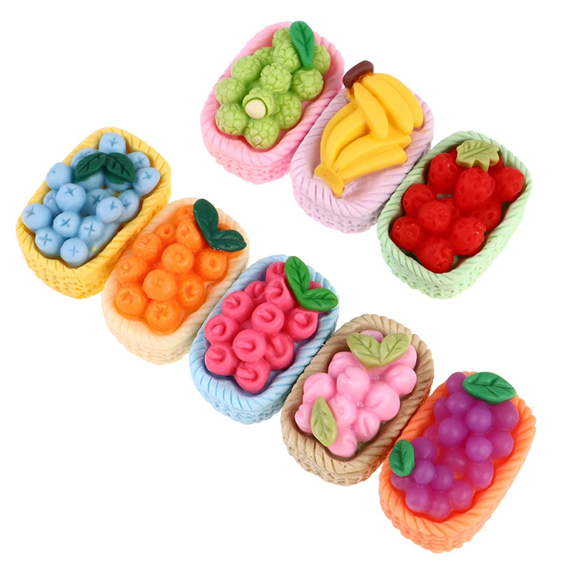 

5Pcs Dollhouse Miniature Flatback Resin Fruits Basket Random Simulation Orange Grape Model Toys For Doll House Decoration