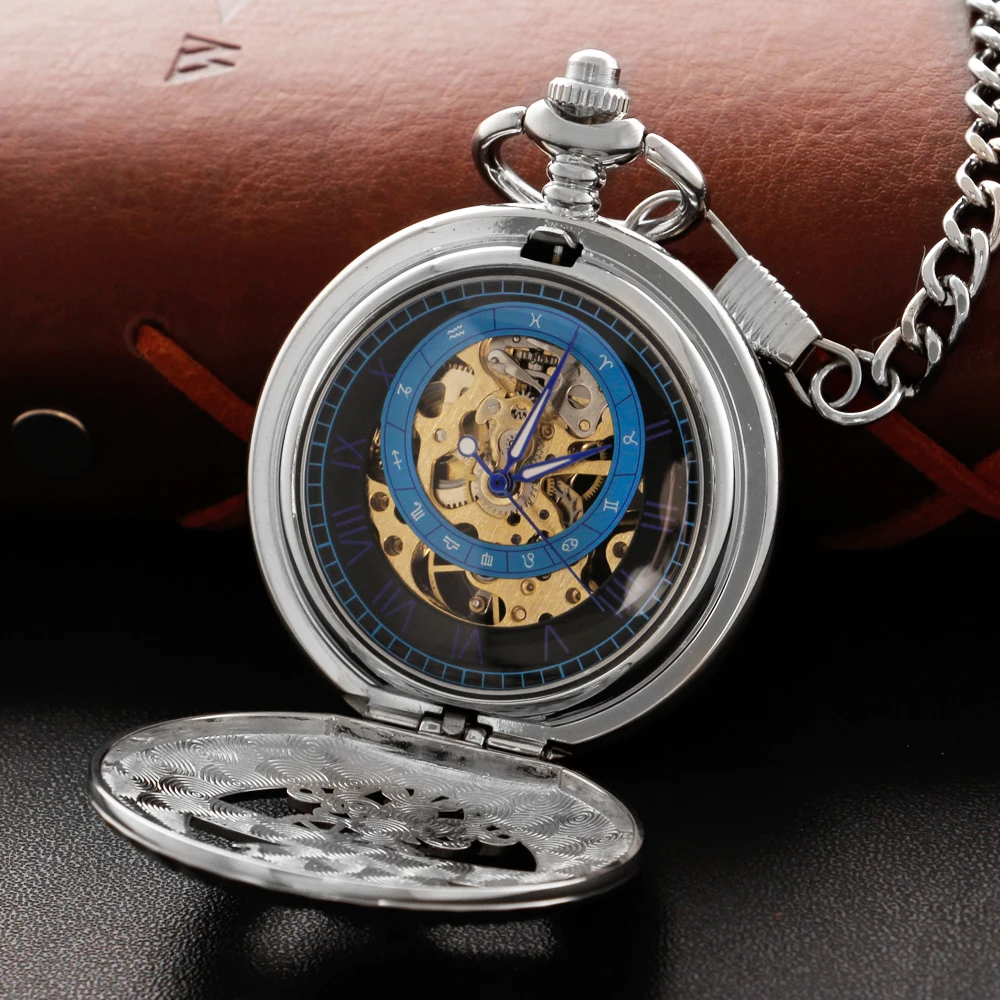 Single-Opening Moon Phase Hollow Skeleton Mechanical Pocket Watch Men's Fob Chain Fake Flywheel Steel Sculpture Women's Gift