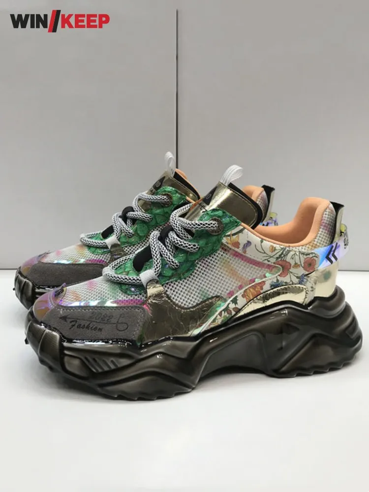 

Vintage Print Design Womens Sneakers Genuine Leather Mesh Breathable New Summer Running Trainers Height Increasing Sport Shoes