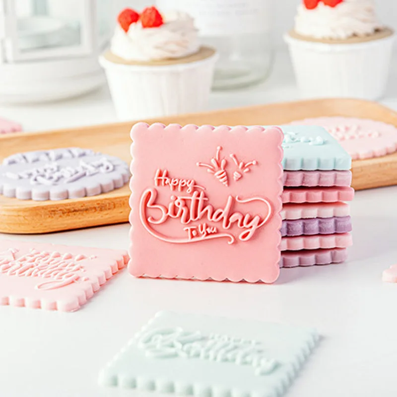 

Happy Birthday Cookie Embosser Stamp Lace Balloon Firework Fondant Cutter Mould Cake Decorating Tools for Icing Frosting Baking