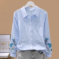 2022 spring and autumn new embroidered shirt bottoming shirt womens long sleeved top collar womens cotton shirt slim fit