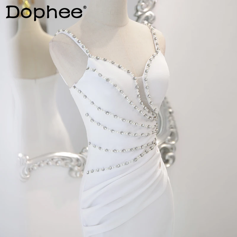 

High-End Banquet Party Evening White Srtap Dress Temperament Sexy V-neck Rhinestone Bodycon Maxi Dress Women 2022 Summer Vestido
