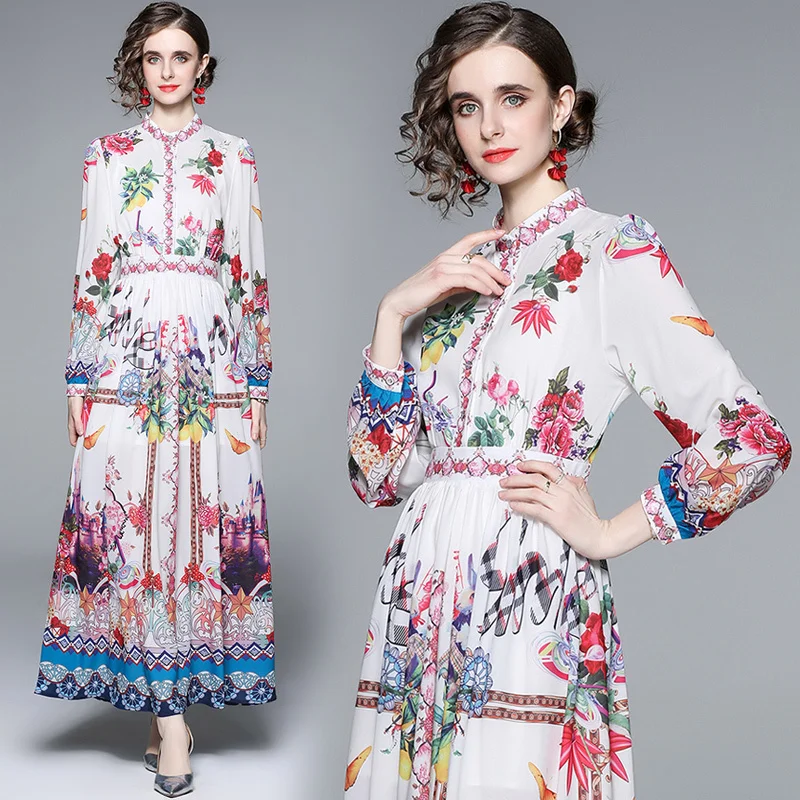 

Женское длинное платье с длинным рукавом, шифоновое платье с широкой юбкой и цветочным принтом, с воротником-стойкой, новинка весны-лета 2022
