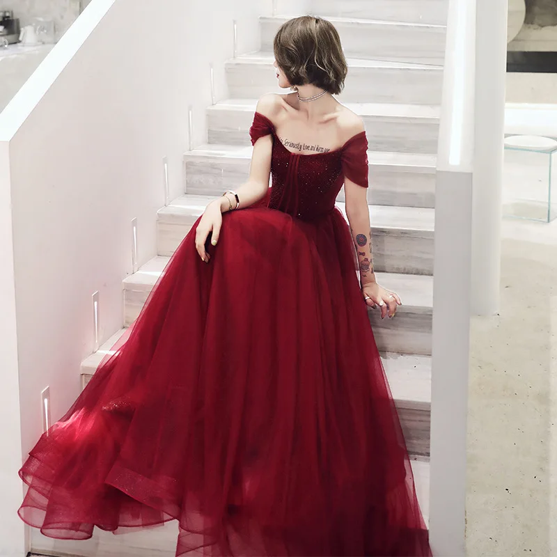 

Burgundy Off Shoulder Women Evening Dresses Elegant Beaded Tulle Long Wedding Party Bridal Dress Sexy Backless Celebrity Gowns