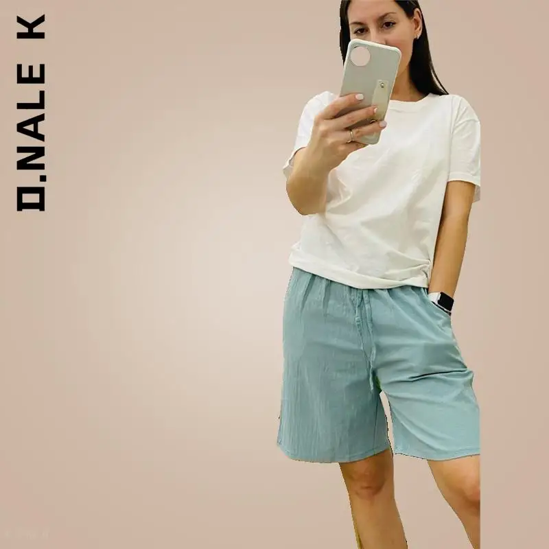 

D.Nale K 2022 Cotton Linen shorts high waist loose shorts Women Cotton shorts Casual Solid for girls Soft Cool female shorts
