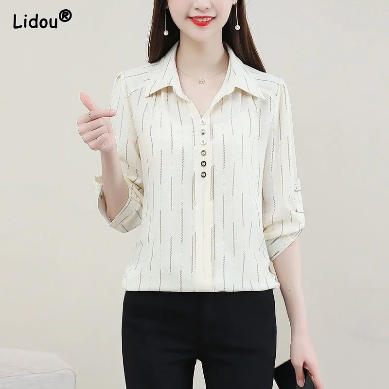 

Formal Turn-down Collar Chiffon Striped Thin Women's Clothing Office Lady Button Slim Spring Autumn Single Breasted Women Shirt