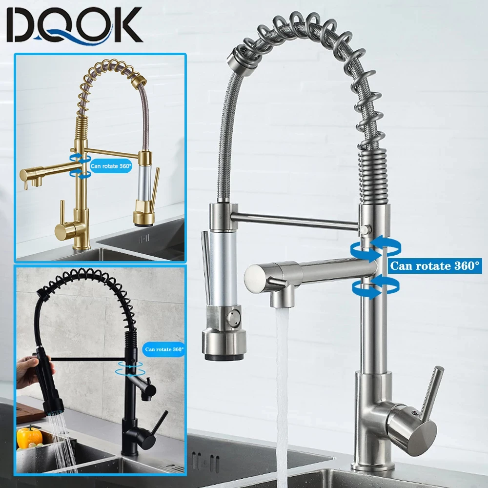 DQOK Black Brushed Spring Pull Down Kitchen Sink Faucet Hot & Cold Water Mixer Crane Tap with Dual Spout Deck Mounted