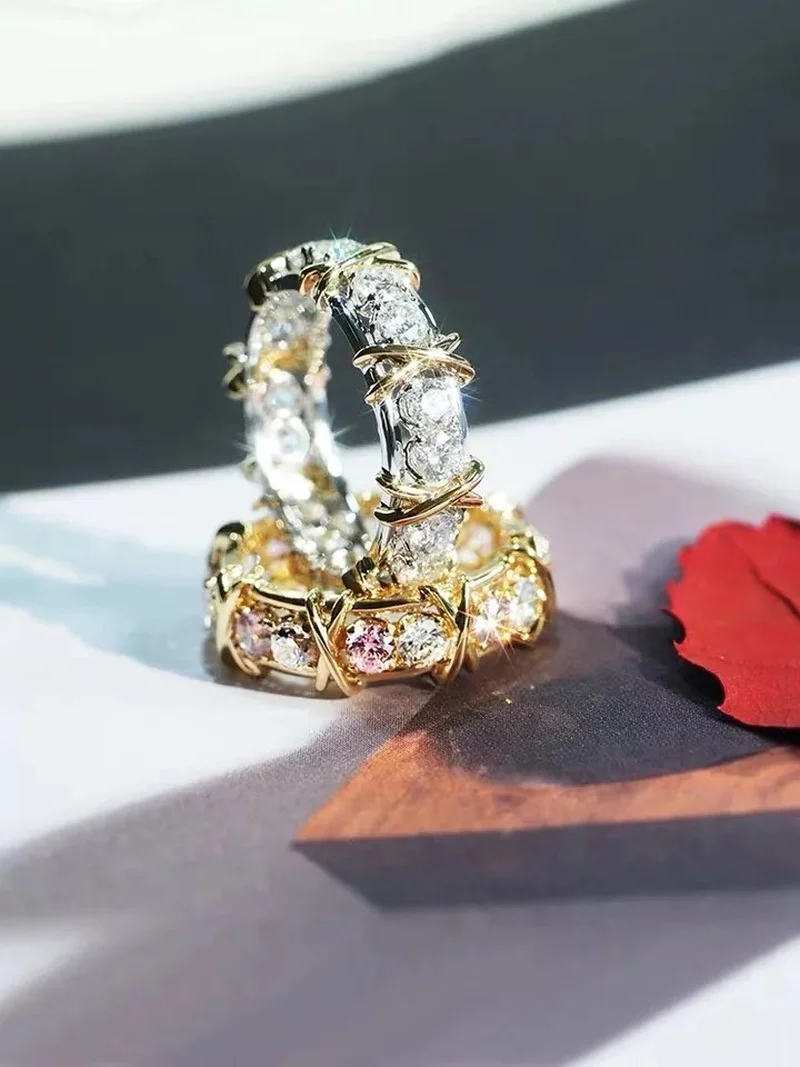 Бренд 4 мм Lab Циркон 14 К Желтое Золото Крест Вечный Обручальное Кольцо для Женщин