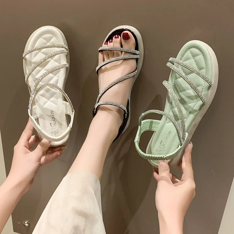 2022 Summer Female Sandal Soft Black Shoes for Women Clear Heels Girls Gladiator Rhinestone Beige Low New Fashion Flat Comfort E