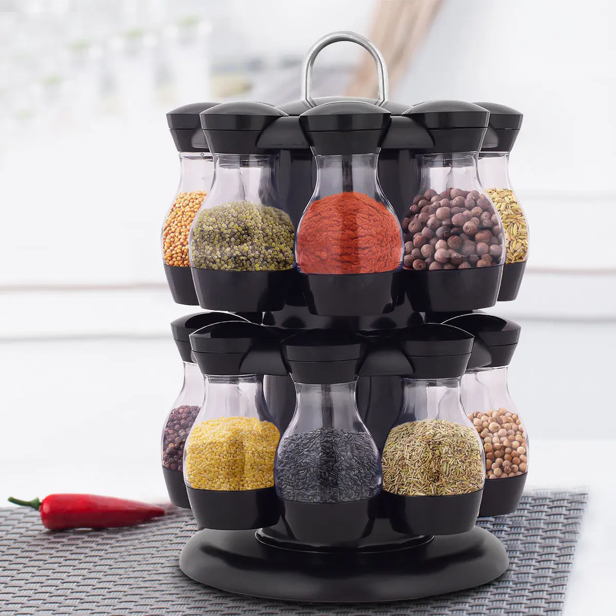 

16pcs Rotating Cruet Condiment Jars Set for Spices Pepper Bottles Salt Shakers Seasoning Holder Round Shelf Rack Turntable