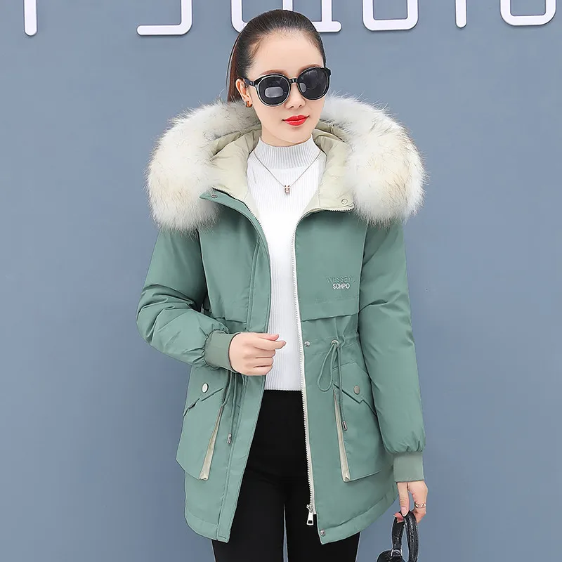 Autumn Winter New Women Parka Cotton Clothing Design Mid-length Down Jacket Plus Velvet Warm Big Fur Collar Solid Color Coats
