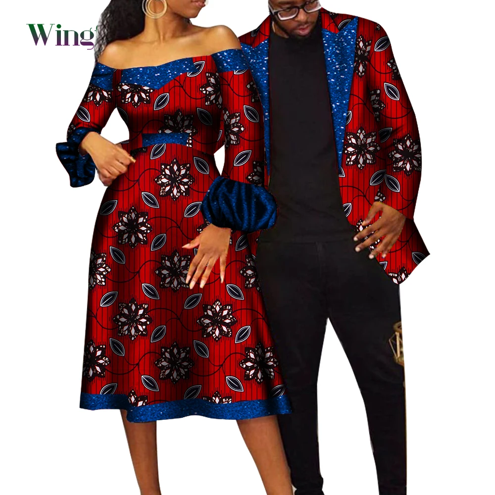African Clothes for Couple Dashiki Lovers Strapless Off Shoulder Short Dress and Men Suit Coat 2 Pieces Bazin Riche WYQ480