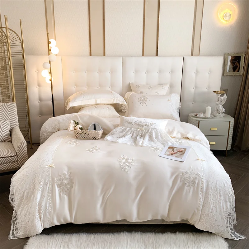 

French Romantic Lace Flowers Embroidery Princess Bedding Smooth Soft Silky Breathable Quilt Cover Set Bed Linen Pillow Sham