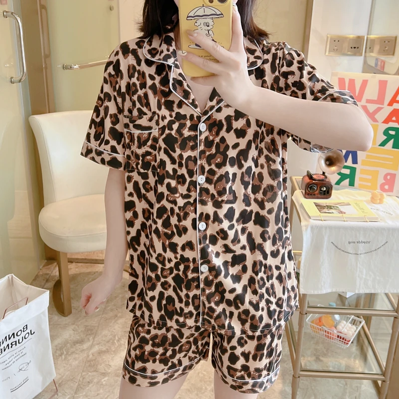 Summer Faux Silk Pajamas for Women Fashion Sexy Leopard Short Sleepwear Sets
