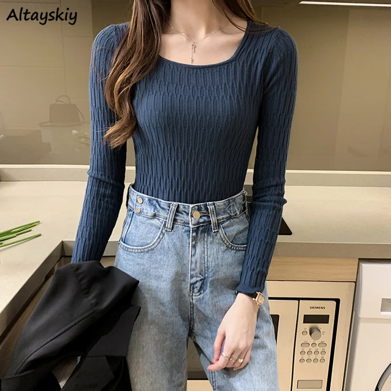 

Knitted Basic Inside Pullovers Women Fashion Square Collar Long Sleeve Slim Sweaters Winter Solid All-match Korean Style Tops