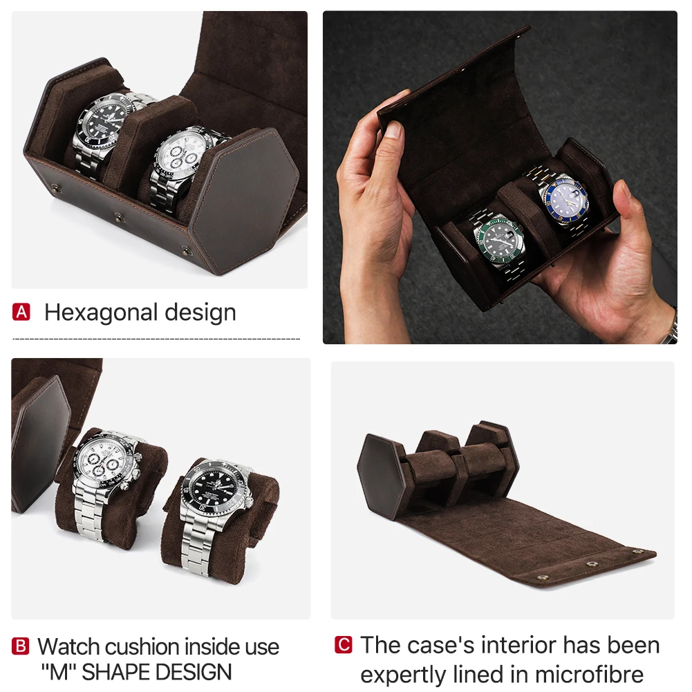 CONTACT'S FAMILY Rustic Leather 2-Slot Watch Case Box Luxury Pouch with Zipper Portable Organizer Bag Black Brown