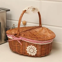 fancy gift cheap big wholesale pink empty handle wicker flower picnic basket set lid food storage hamper basket for sale