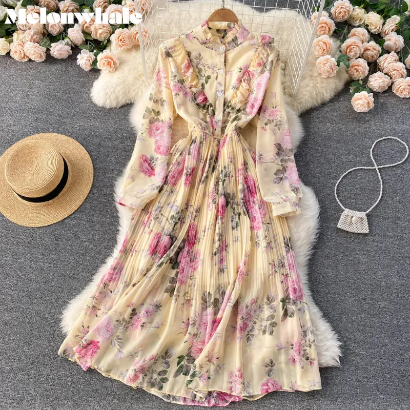 

MelonWhale Women Floral Print Chiffon Pleated Dress Elegant New Stand Collar Long Sleeve Loose Fit Fashion Tide 2023 Spring M395