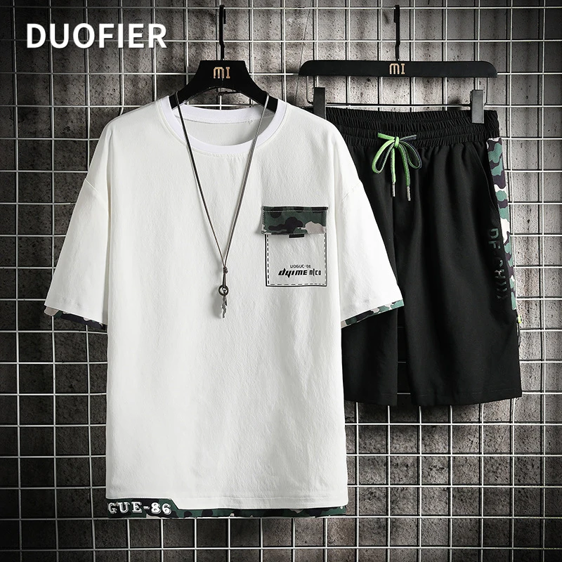 

2022 Summer Men Casual Shorts Sets New Trend Camouflage Patchwork T-shirt Shorts Men's Clothes Fashion Sportswear Tracksuit Man