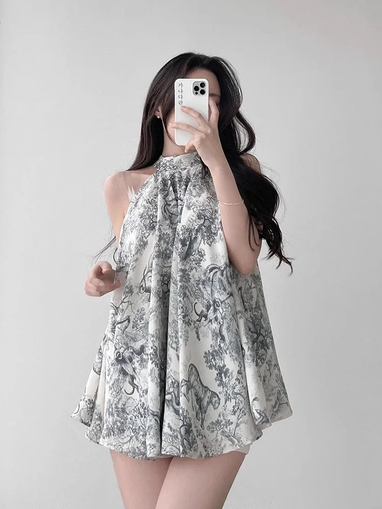 Женская Винтажная летняя рубашка с принтом чернил и открытыми плечами