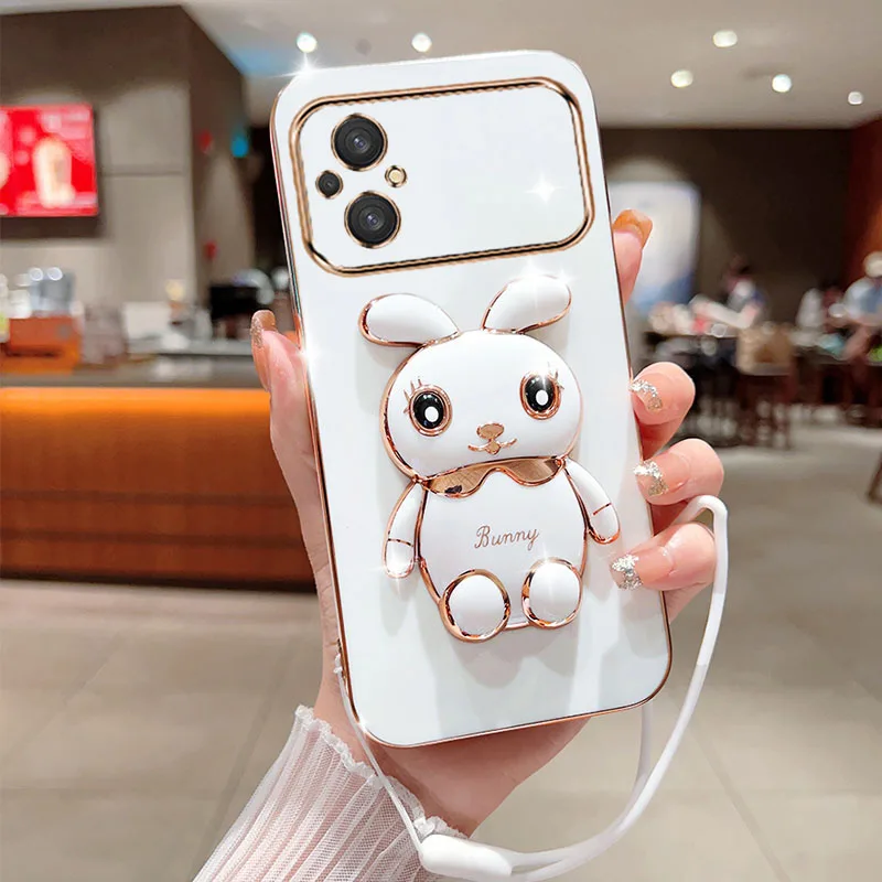 

Cute Cartoon Rabbit Fold Stand For Xiaomi Poco M4 5G M5 4G Phone Case With Lanyard Luxury Plating Cover