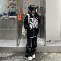 deeptown techwear grunge skeleton print black oversize zipper hoodies women gothic streetwear punk female pullover sweatshirt