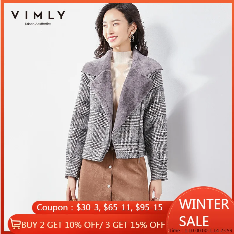 

Vimly Women's Woolen Coat Winter Elegant Lapel Zipper Thick Plaid Short Jacket Female Thicken Warm Blends Overcoat 3339