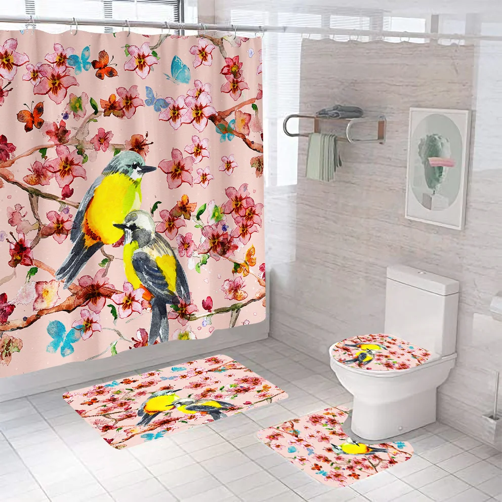 

Разноцветные птицы Весна Искусство Декор ванной комнате с ковриками включает Нескользящие коврики крышка унитаза и коврик для ванной с крю...
