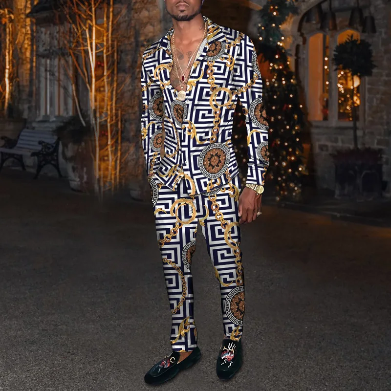 2022 Fashion dress party Suit Men's creative geometry Print Long Sleeve Shirt Pants 2 Piece Set Oversized Casual Wear Hip Hop