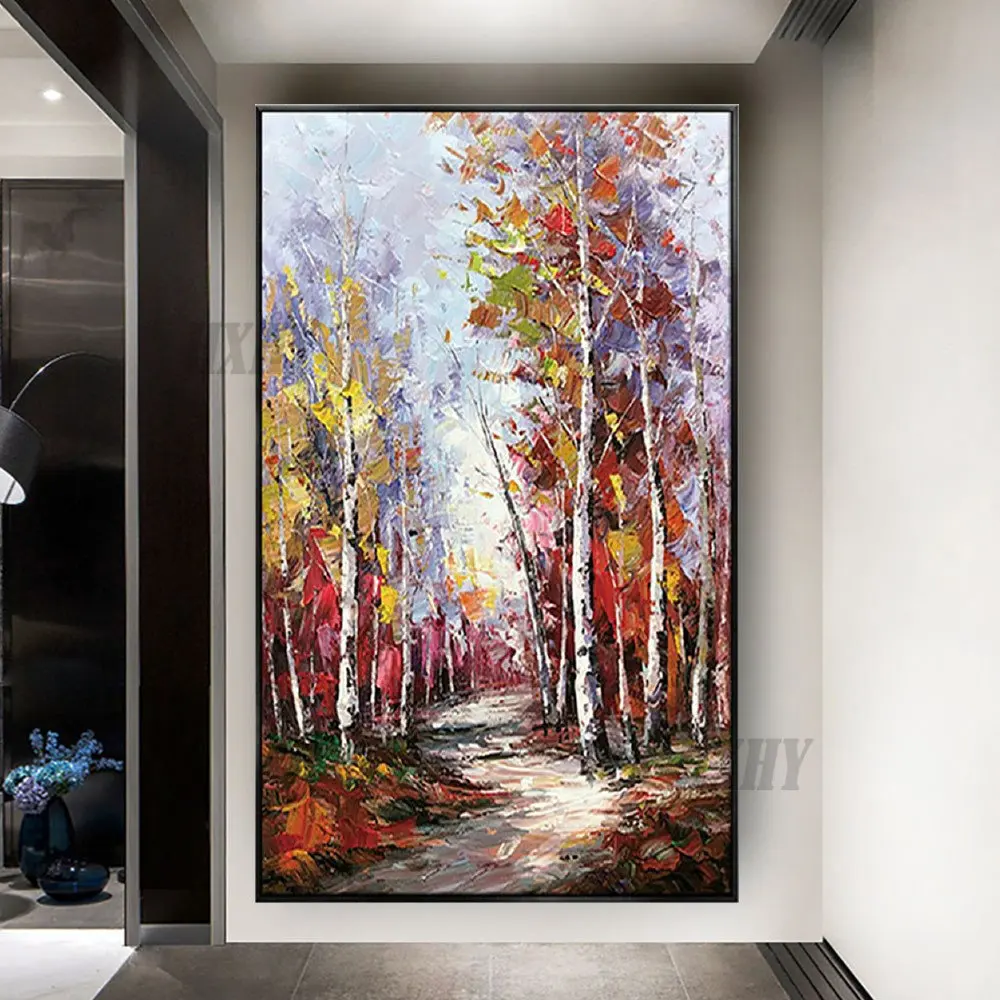 

High Quality 100% Hand-Painted Oil Painting Abstract Landscape Large Wall Art Indoor Birch Forest Mural For Living Room Decor