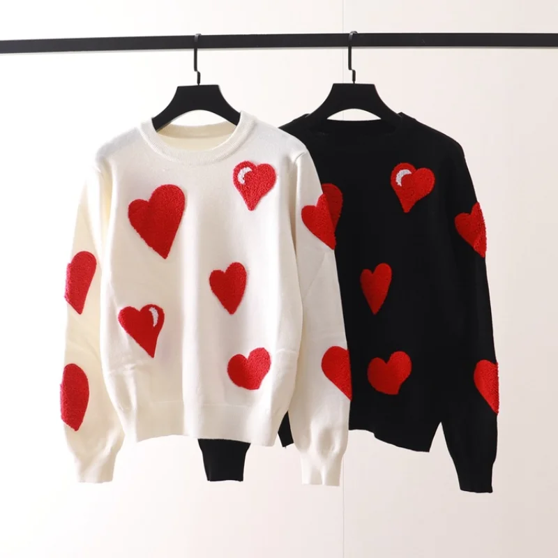 

Woolen Sweater Pullovers Women O-Neck Jumper Heart-Shaped Embroideried Cartoon Knitted Tops Casual Japanese Korean Style Clothes