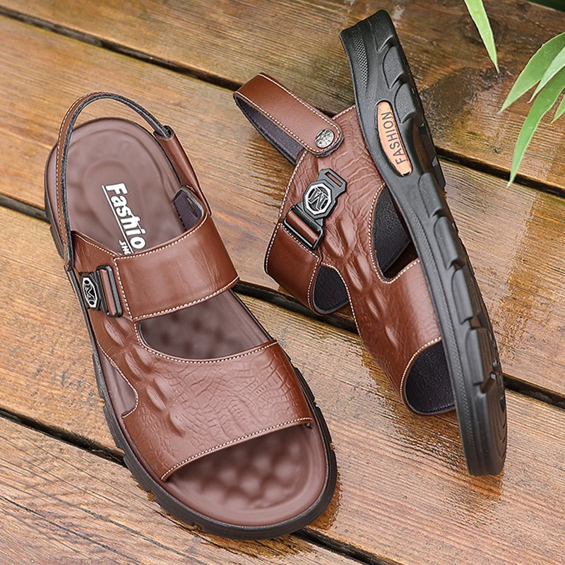 SALUDAS Men's Sandals Summer Men's Slippers Anti Slip Breathable Comfortable Leather Men's Casual Sandals Beach Sandals