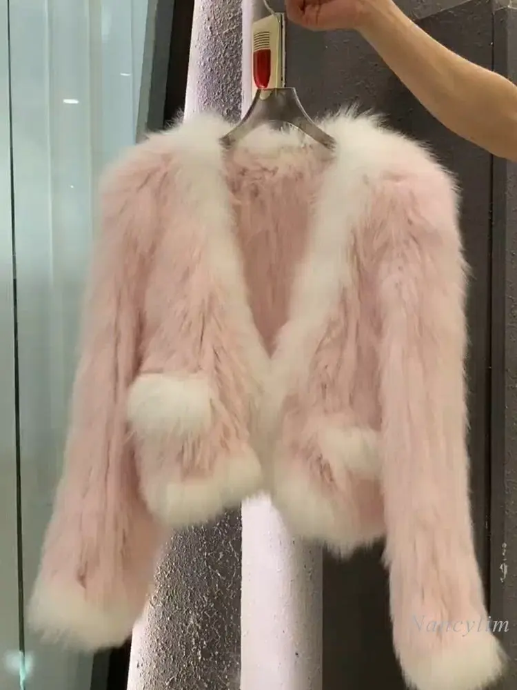 2022 Autumn Winter Faux Fox Coat Women Short Design V Neck Pink Furry Fur Jacket Contrast Color Streetwear Lady Chic Coats