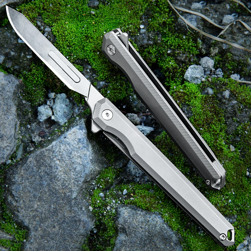 Titanium handle Scalpel Fast Open Folding Knife EDC Outdoor Unpacking Pocket Knife With 10pcs Replaceable Blades Multifunctional