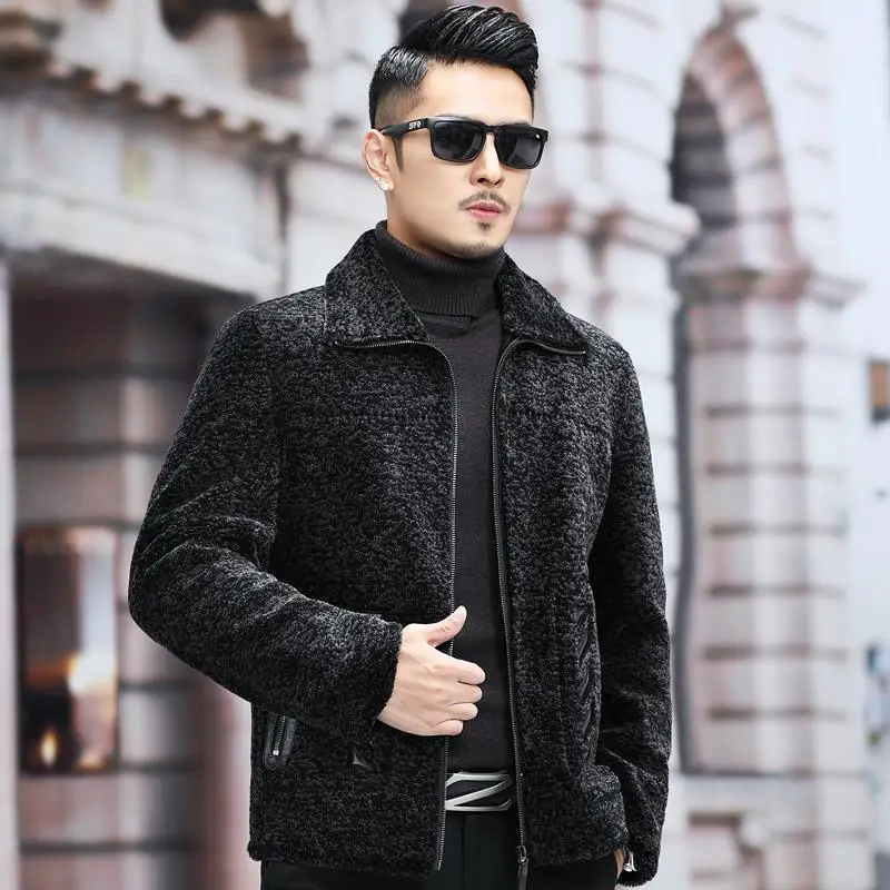 

2022 New Men Winter Two Side Wear Sheep Shearling Coat Male Natural Lamb Fur Overcoat Man Warm Thick Outwear Short Jacket B380