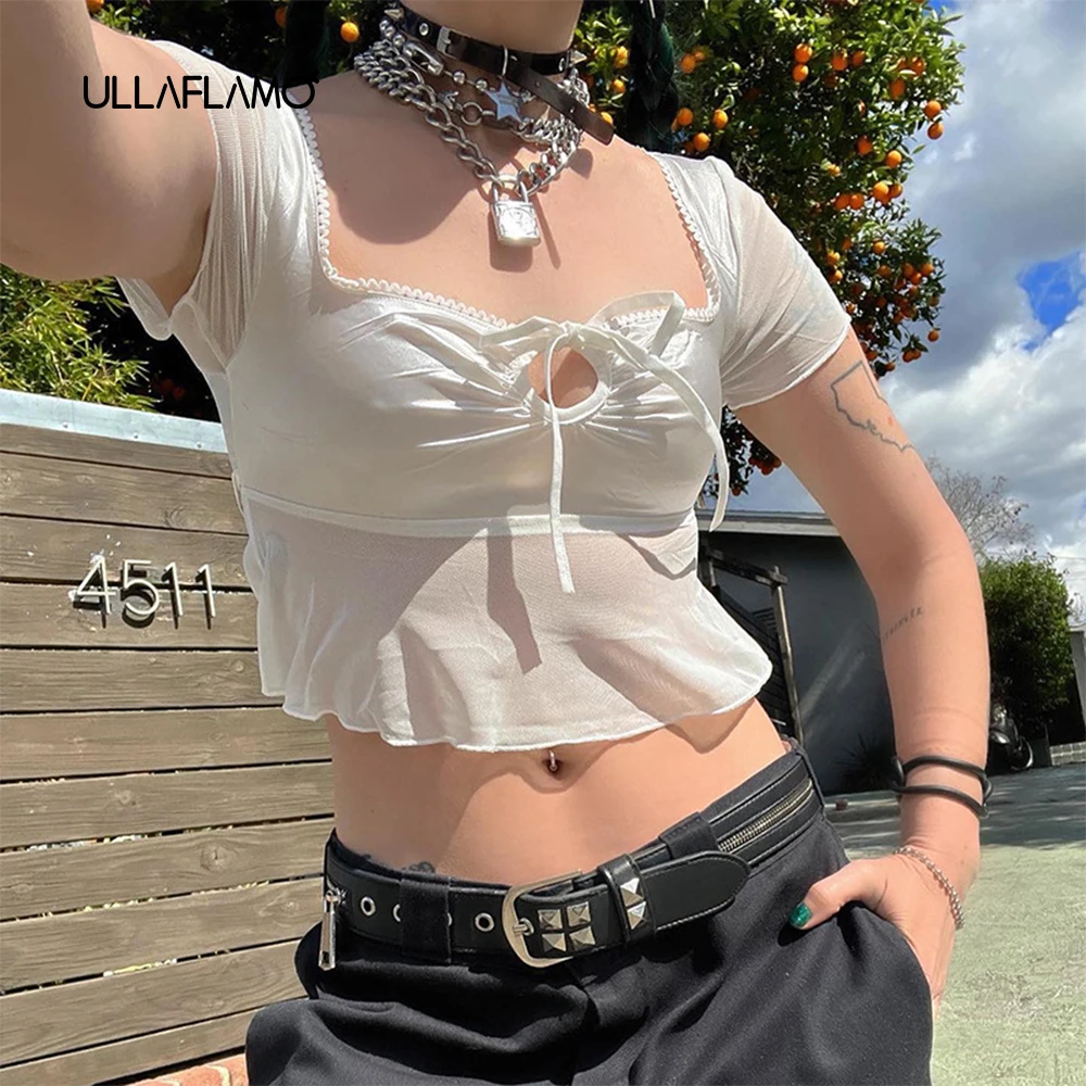 

Backless Short T Ladies Vest Solid Color Korean Style Simple Square Neck Top Bow Mesh Lace Hllow Sexy Hot Girl Street Tops