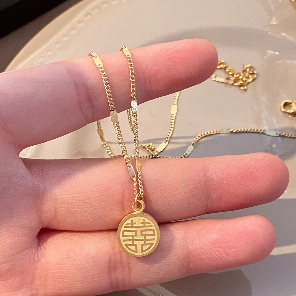 

Chinese Characters Fu Xi Double Sided Necklace Women's Luxury Temperament Fashion Clavicle Chain Tiny Ethnic Pendant Jewelry