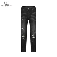 hellenwoody spring autumn men black jeans luxury ripped hole wash micro elastic casual fashion slim mid waist pencil trousers
