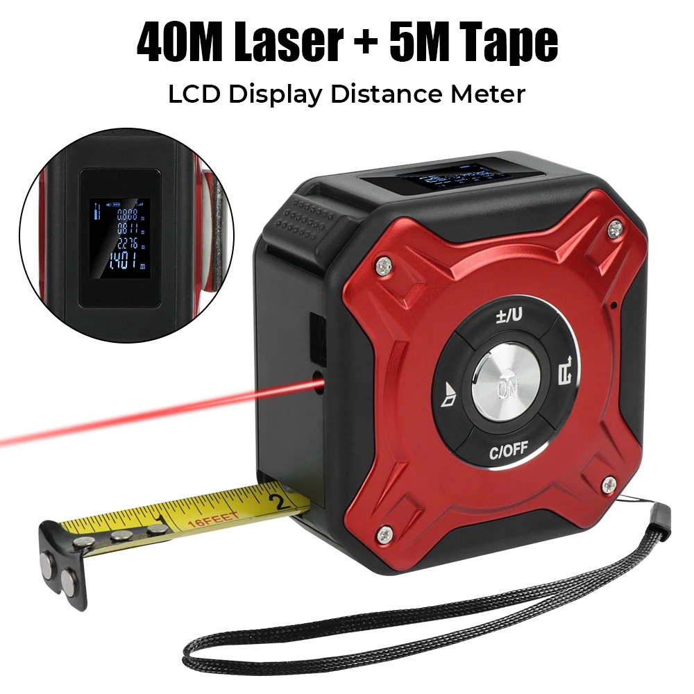

Construction Tools Distance Meter 5M Tape Measure Measuring Device Backlit LCD Display 2 In 1 USB Charging 40M Laser Rangefinder