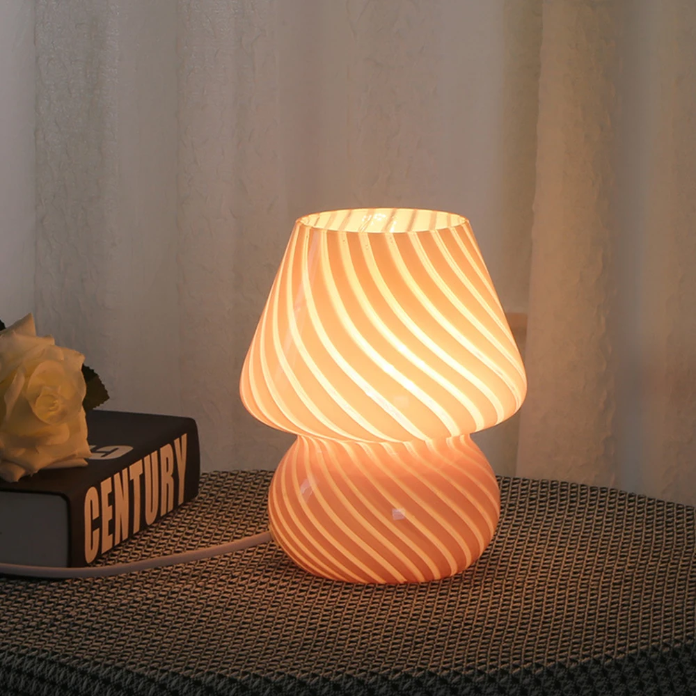 

Стеклянная настольная лампа для ламп, Настольная прикроватная лампа для спальни в стиле Ins, в полоску, в виде грибов, настольное украшение, милое полупрозрачное кольцо