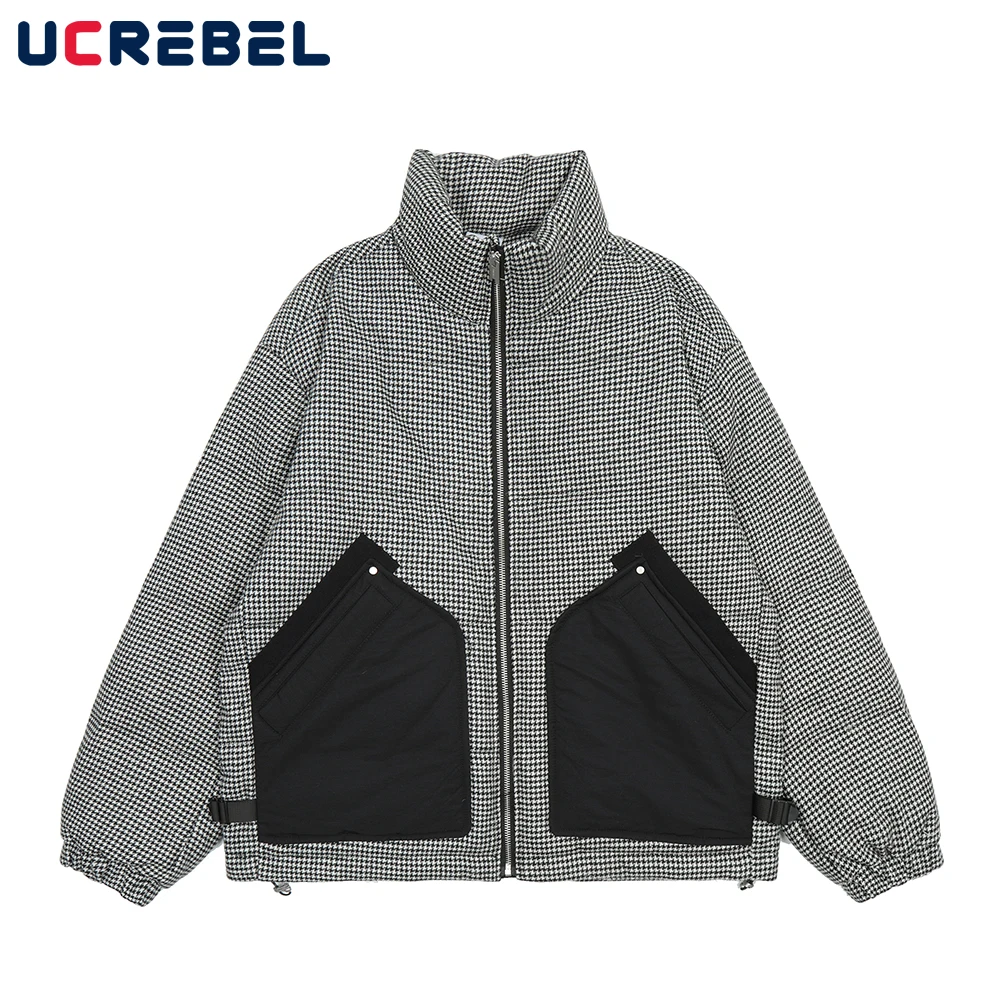 

Houndstooth Pocket Down Jacket Mens Winter Casual Stand Collar Long Sleeve Outerwear High Street Drawstring Hem Loose Jacket Men
