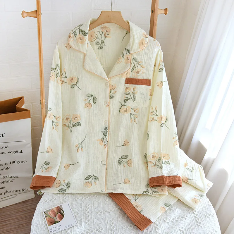 

2023 Spring Cotton Floral Pajama Set with Turn-Down Collar for Women Long Sleeve Full Pants Home Wear Loose and Soft Loungewear