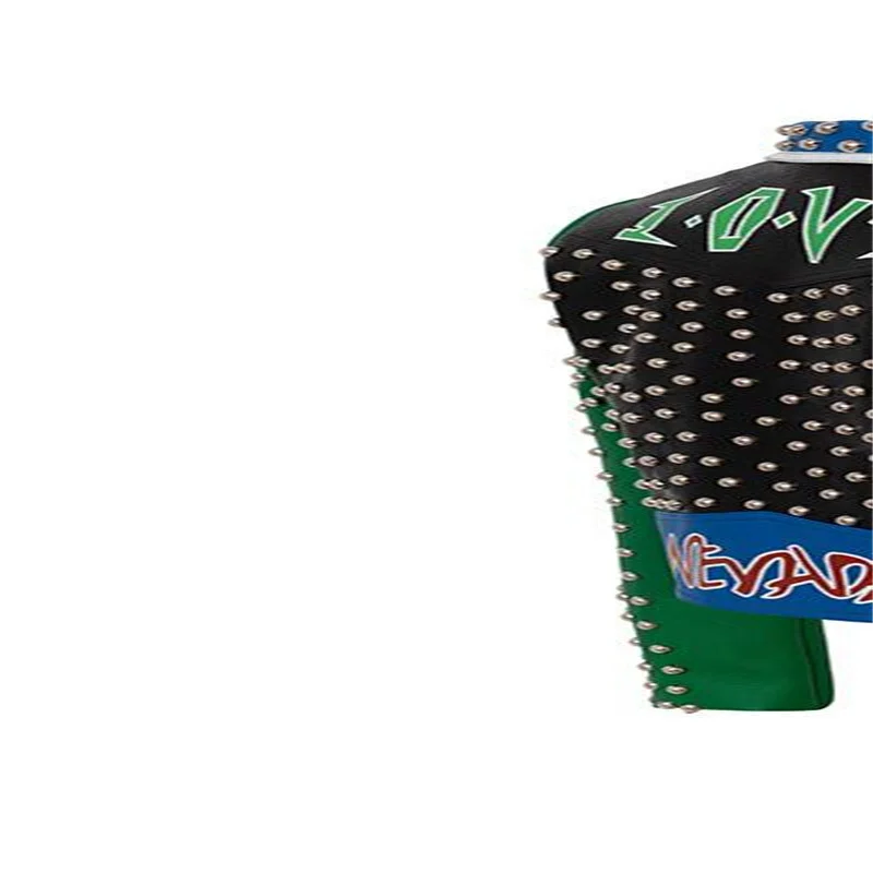 New leather jackets womens fashion blue and red color matching printing half-open collar punk rivet short coats slim clothing