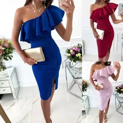 

Elegant Pleated Dresses Women's Summer Sexy Slit Ruffle Bodycon Fashion One Shoulder Party Evening Dress Female Vestido
