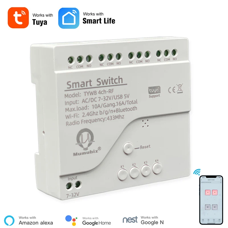 Tuya Smart 4-канальный Wi-Fi RF реле модуль mumubiz