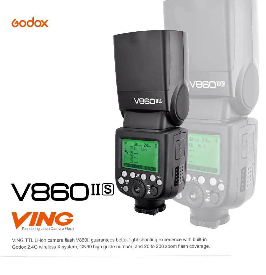 

Внешняя вспышка Godox V860II-S, вспышка V860II-C, 860II-N, V860II-F, V860II-O, GN60, TTL, HSS для Sony, Nikon, Canon, Olympus, Fuji, литий-ионная батаеря