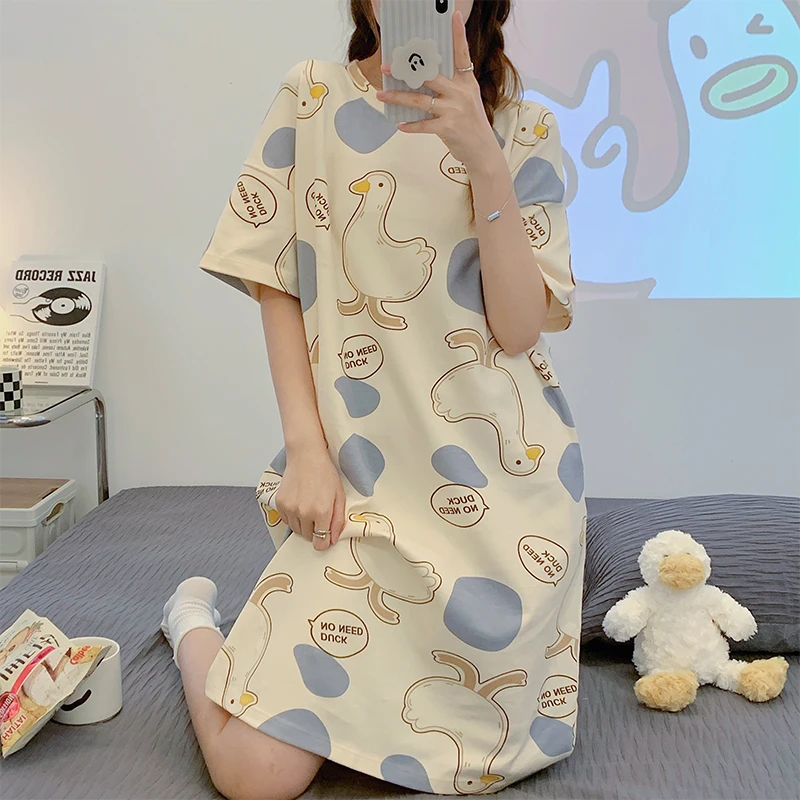 CAIYIER Summer Loose Women Nightdress Short Sleeve Stripe Print Sleepshirts Cute Girls Soft Nightgowns Big Size M-3XL Home Dress