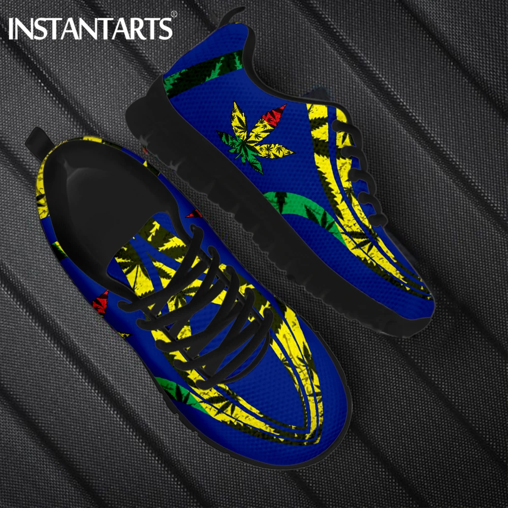INSTANTARTS Cool 3D Weed Leaves Print Women Mesh Sneakers Breathable Lace-up Flat Shoes Female Spring Winter Soft Sport Loafers