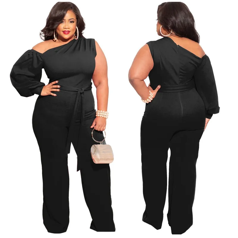 Plus Size Office Lady Jumpsuit for Women One Shoulder Lace Up Wide Leg Pants One Piece Elegant Night Party Club Romper 2022 Wear