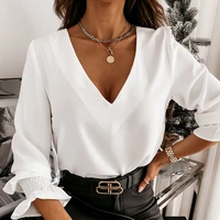 2022 sexy long sleeve lace blouse women tops casual white crochet hollow out womens shirt fashion v neck spring autumn shirt